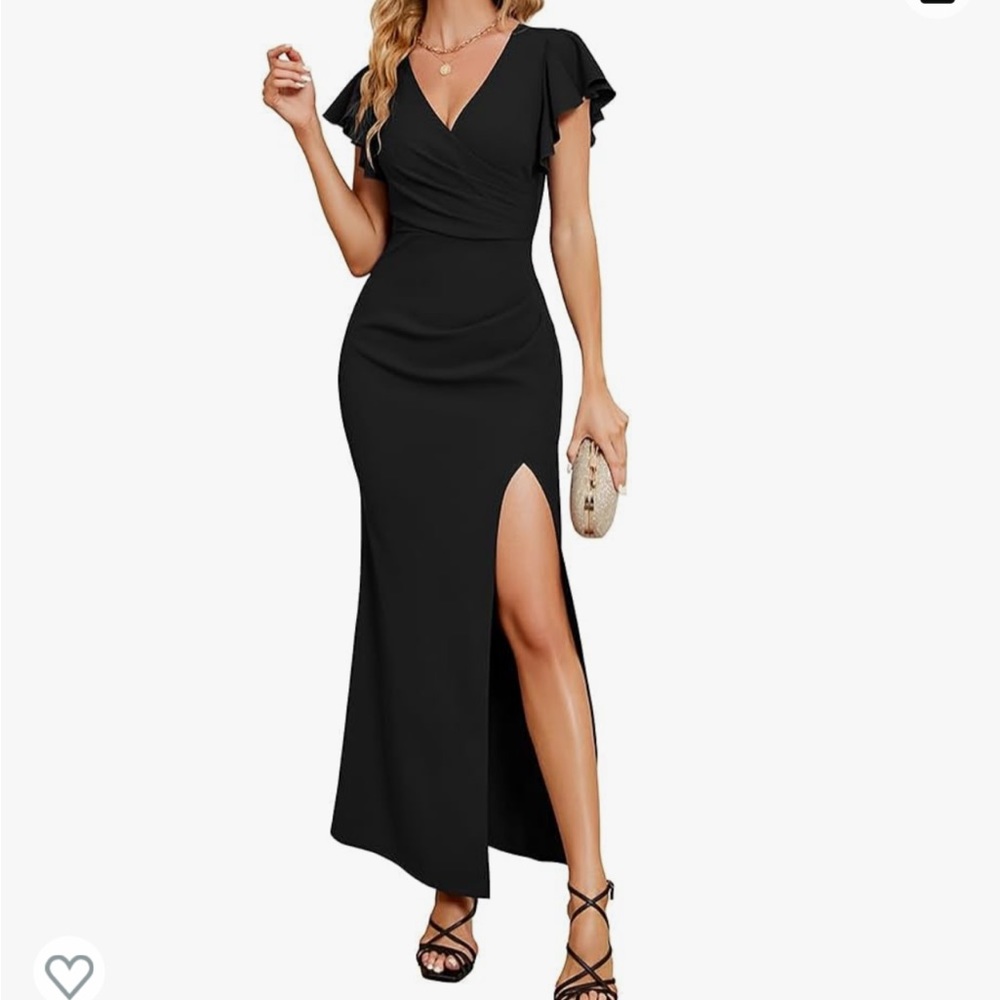Black Formal V Neck Long Dress with Slit